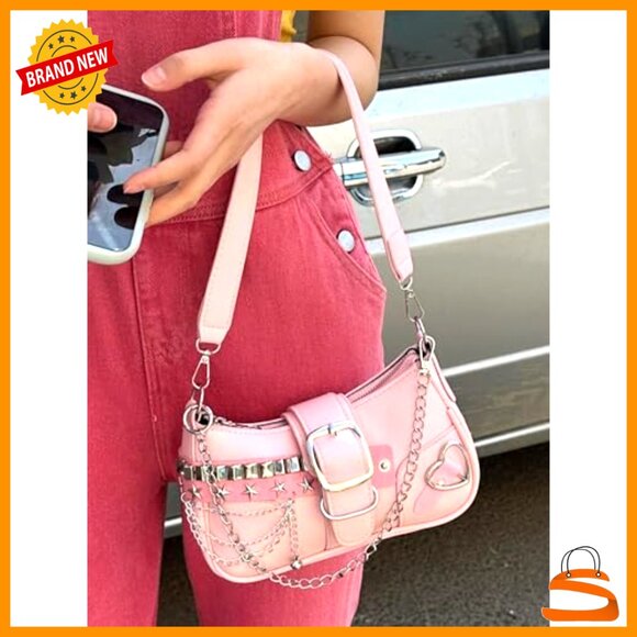 Y2K Coquette Shoulder Bag with Chain Strap, Faux Leather Hobo Handbag - Picture 2 of 7